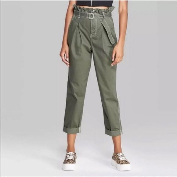 Wild Fable High Rise Paper Bag Army Green Cropped Pants Sz 4 - Picture 2 of 6